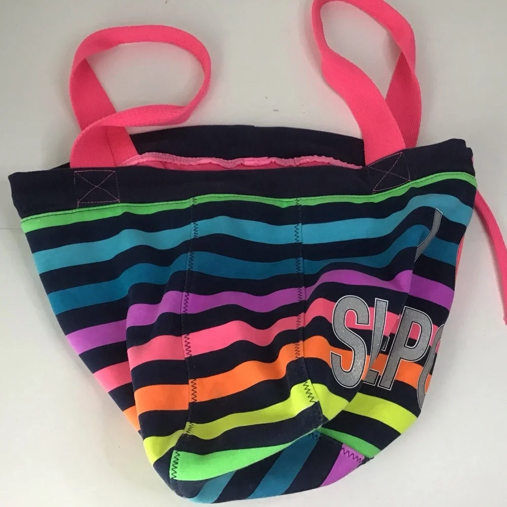 Justice Tote Bag I Love Sleepovers Glitter Heart Rainbow Stripes Drawstring Soft